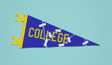 Illustration a college banner that has been torn apart and tapped back together.