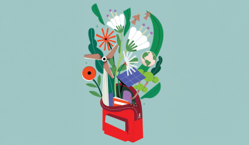 Illustration of flowers emerging from a red backpack.