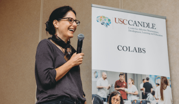 Photo of Mary Helen Immordino-Yanng speaking at the launch of the USC CANNDLE Innnovation Lab project.
