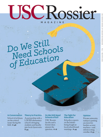 Cover of USC Rossier Magazine which features an illustration mortarboard with the tassel in the shape of a question mark.
