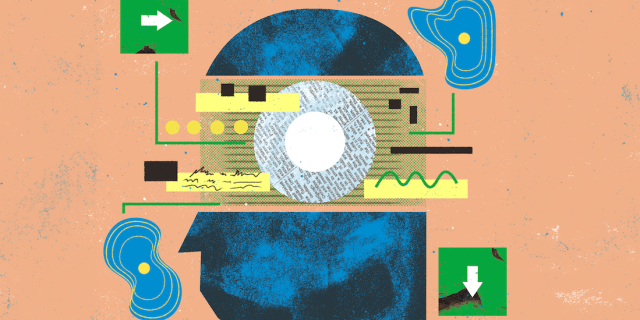 Illustration of a head with various graphics referencing technology superimposed.