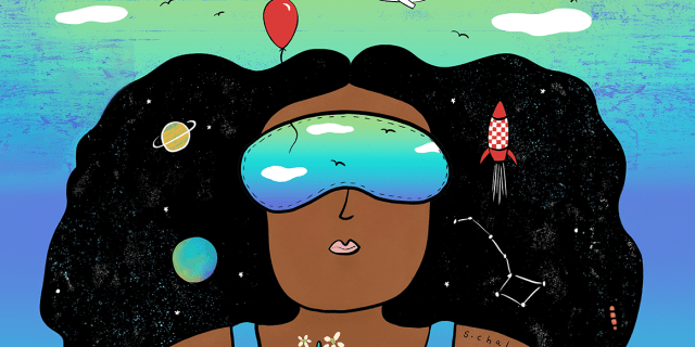 Illustration of a Black woman wearing an eye mask and relaxing.