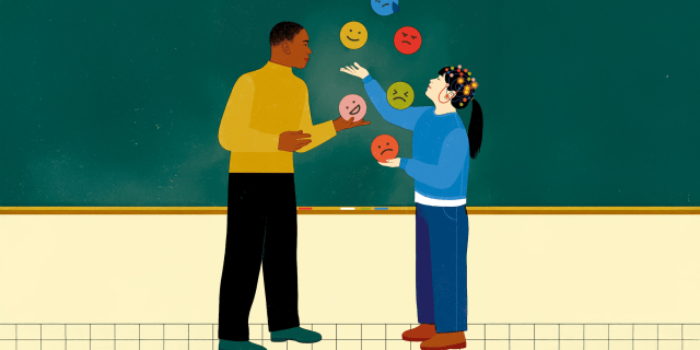 Illustration of a student and teacher with the student juggling emojis.