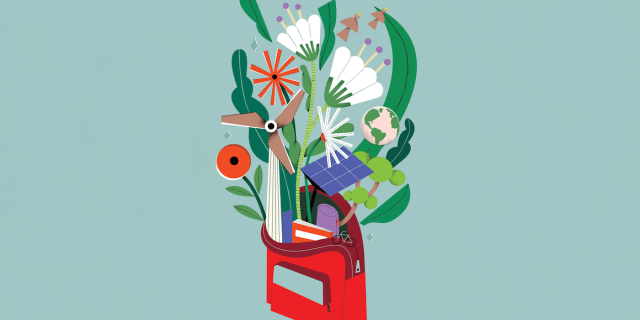 Illustration of flowers emerging from a red backpack.