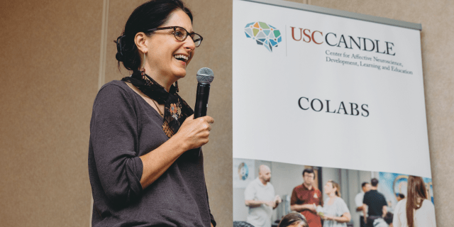 Photo of Mary Helen Immordino-Yanng speaking at the launch of the USC CANNDLE Innnovation Lab project.