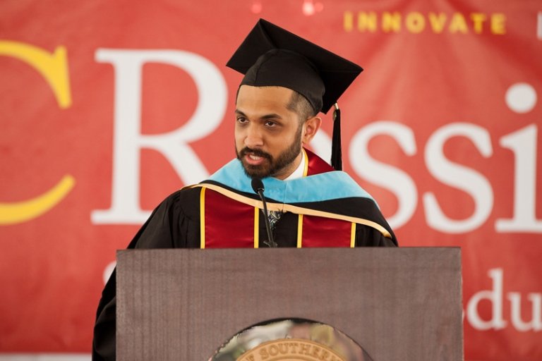 Student speaker Salman Farooq described his transformative experience at USC Rossier. (Photo/Brian Morri, 211 Photography)