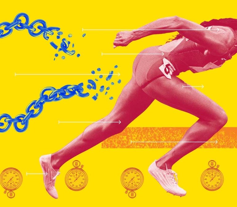 Illustration of Allyson Felix breaking through a chain.