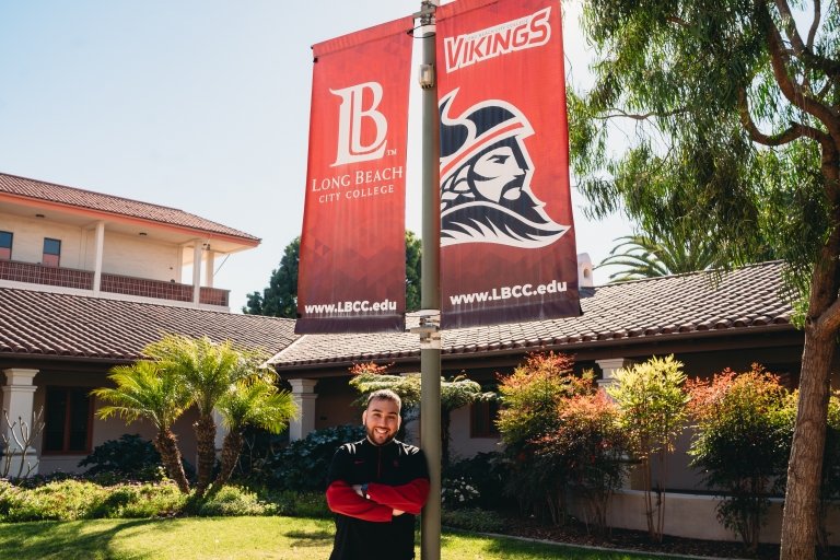 Photo of Alexis Linares-Sierra on the campus of Long Beach City College where he is a student success coach.