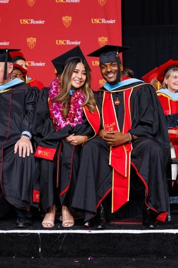 L-R: Danelle Go PASA '22 and Brenden Scott MAT '22, USC Rossier Commencement master's ceremony student speakers (Photo/211 Photography)