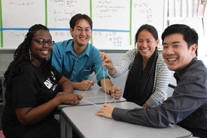 The cluster of MfA LA Fellows at Ramón C. Cortines School of Visual and Performing Arts includes three Rossier graduates (L to R) Meoshe Williams MAT ‘10, Craig Weidert MAT ’11, Starlie Chinen MAT ’10, and Kelvin Cheung.