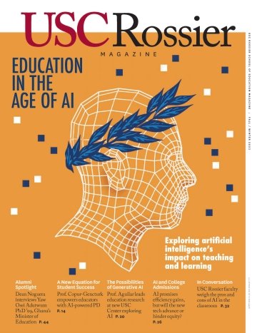 Cover of USC Rossier Magazine which features an illustration of a computer generated human profile with a laurel wreath on top of it.