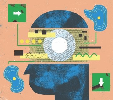 Multi-colored conceptual illustration of college admissions and AI.