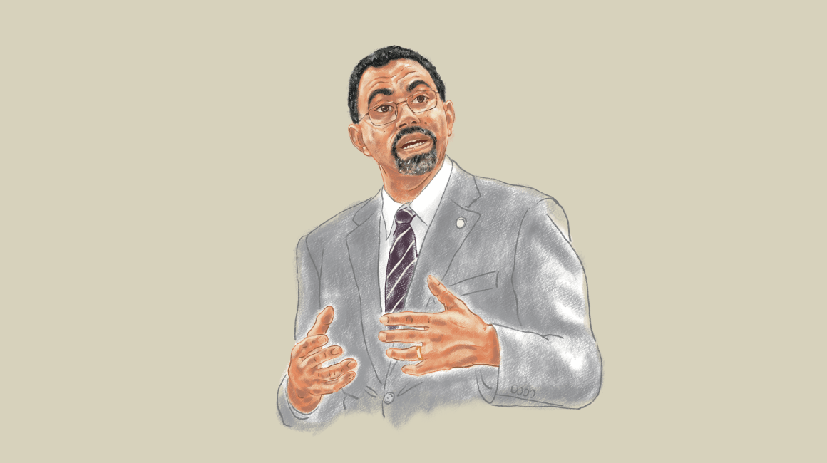 Illustrated portrait of John King gesturing while speaking in a gray suit