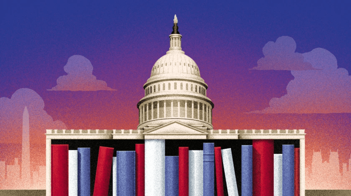 Illustration of the US Capitol building built from colorful books against a sunset sky
