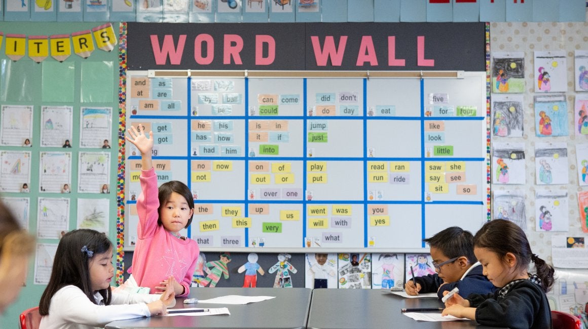 Young girl raising her hand in a classroom in front of a Word Wall display
