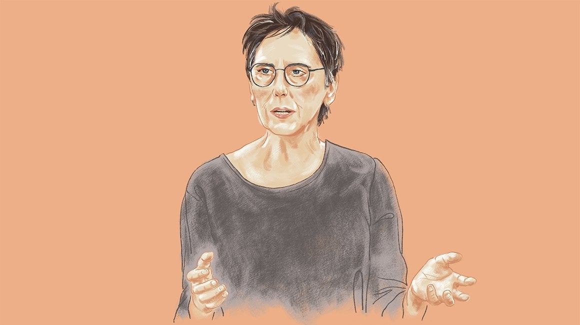 Illustrated portrait of Mary Andres gesturing while speaking, wearing glasses