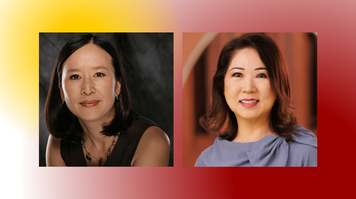 Side-by-side headshots of two women on a yellow and red gradient background