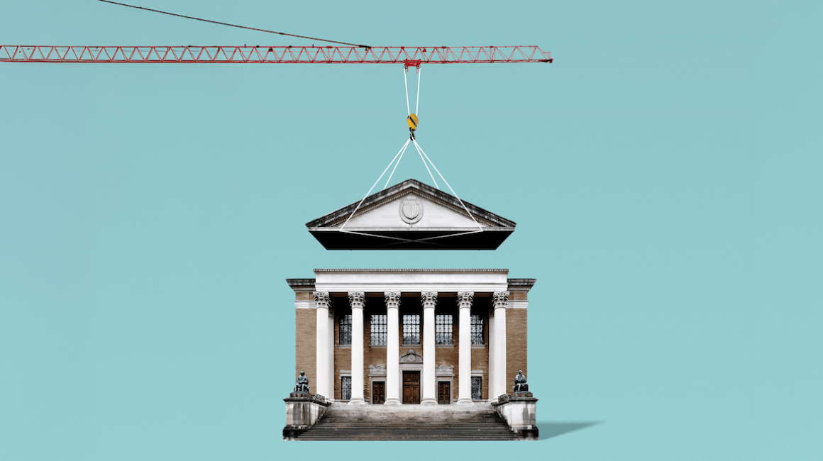 Illustration of a crane lowering a triangular pediment roof onto a USC campus building