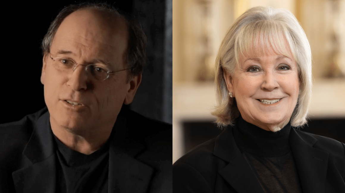 Side-by-side portraits of two keynote speakers, a man in glasses and a woman with blonde hair in a black blazer