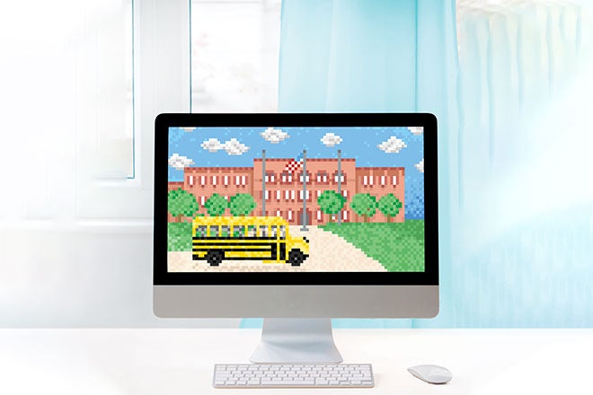 Illustration of an educational computer program featuring a school bus graphic
