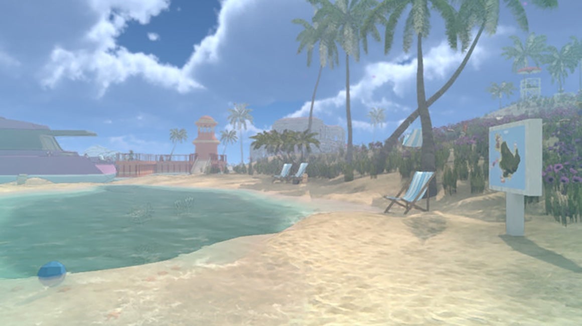 Screenshot of a virtual beach scene from a video game