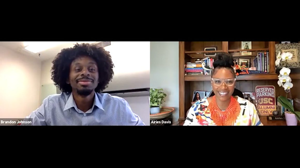 Split-screen video call between a man and a woman
