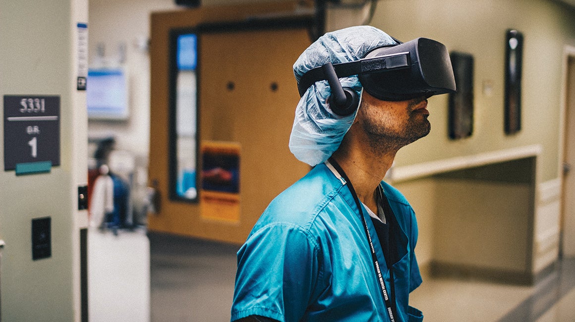 Person wearing a virtual reality headset indoors