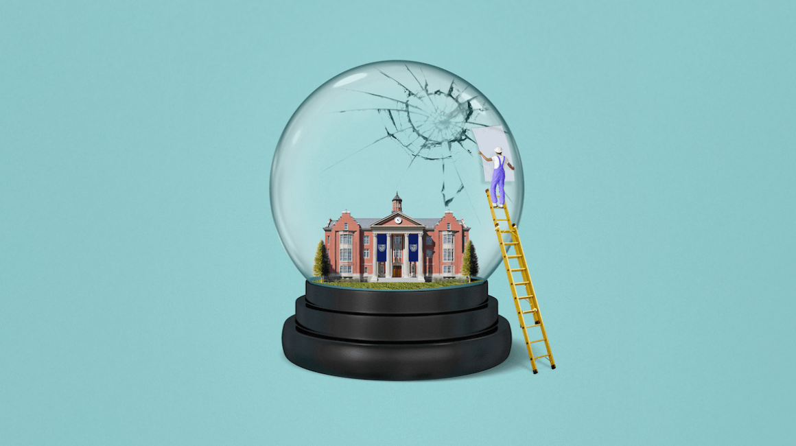 Illustration of a person on a ladder repairing a cracked snow globe containing a school, symbolizing rebuilding trust in education