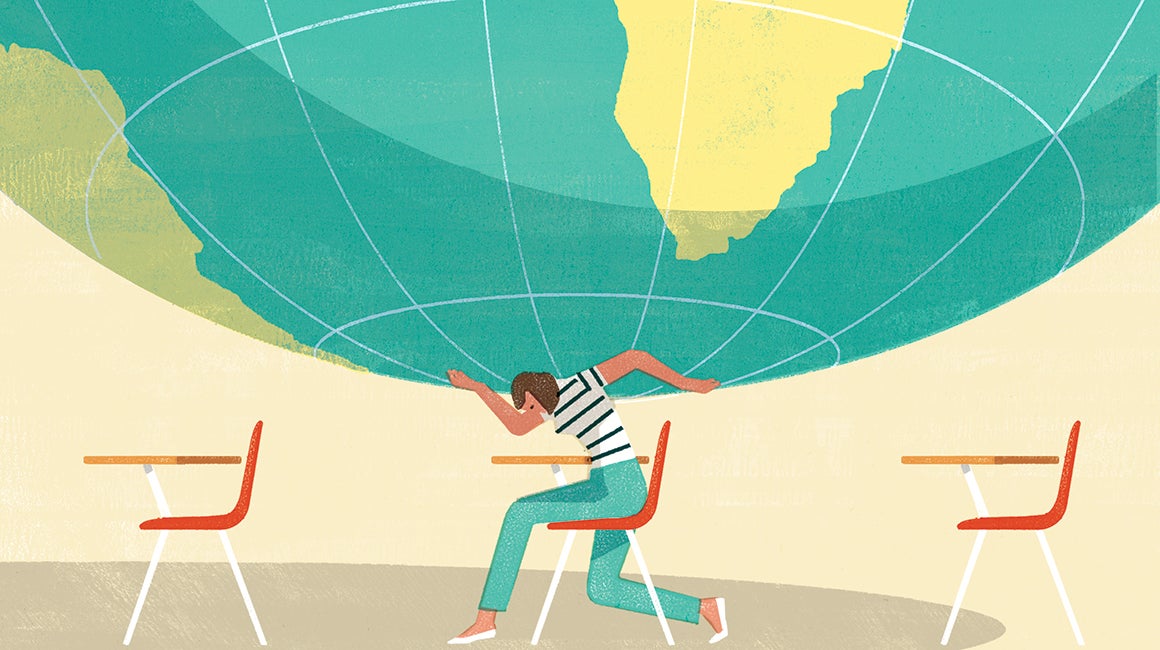 Illustration of a person supporting a globe, representing the weight of global challenges