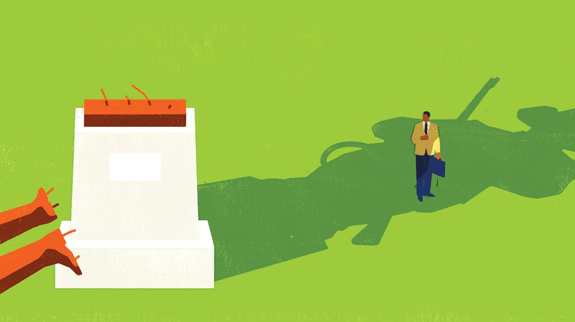 Illustration of a person walking past a monument statue